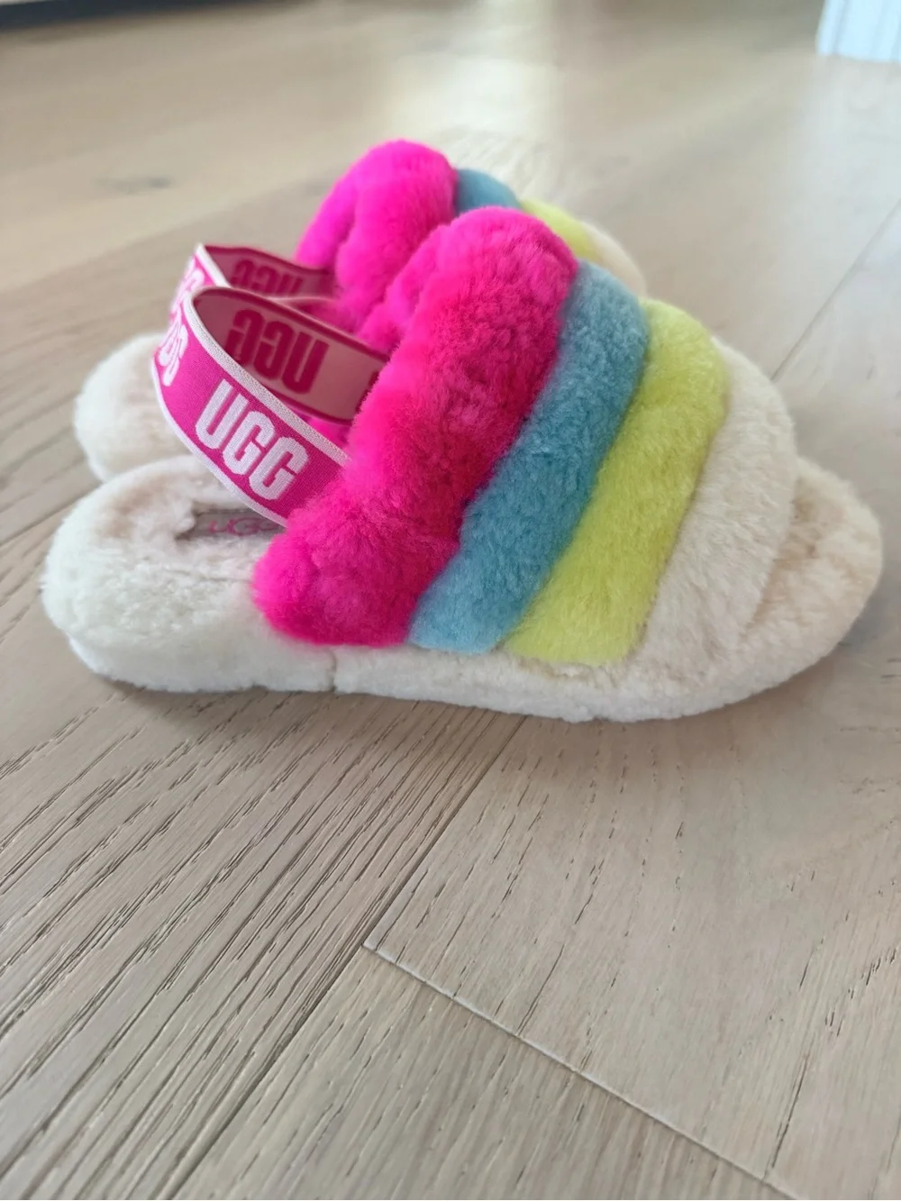 UGG Cream Plush Slide Sandals with Pink, Blue and Yellow Fur Straps